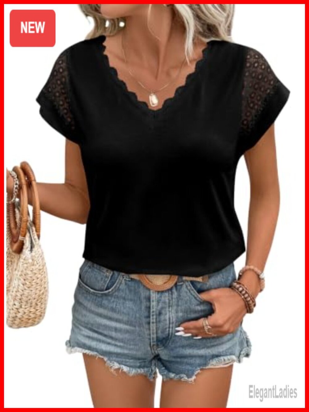 Women's Lace Trim V-Neck Short Sleeve Crochet Textured Blouse